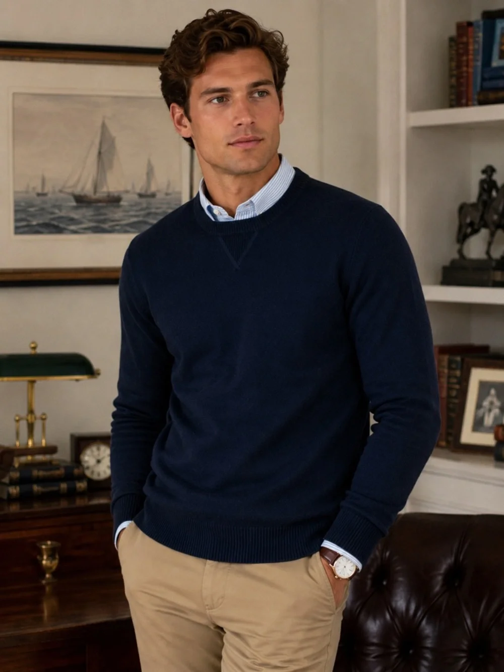 Banana Republic Mens Sweater S Navy Blue Merino Wool Italian Yarn Crewneck